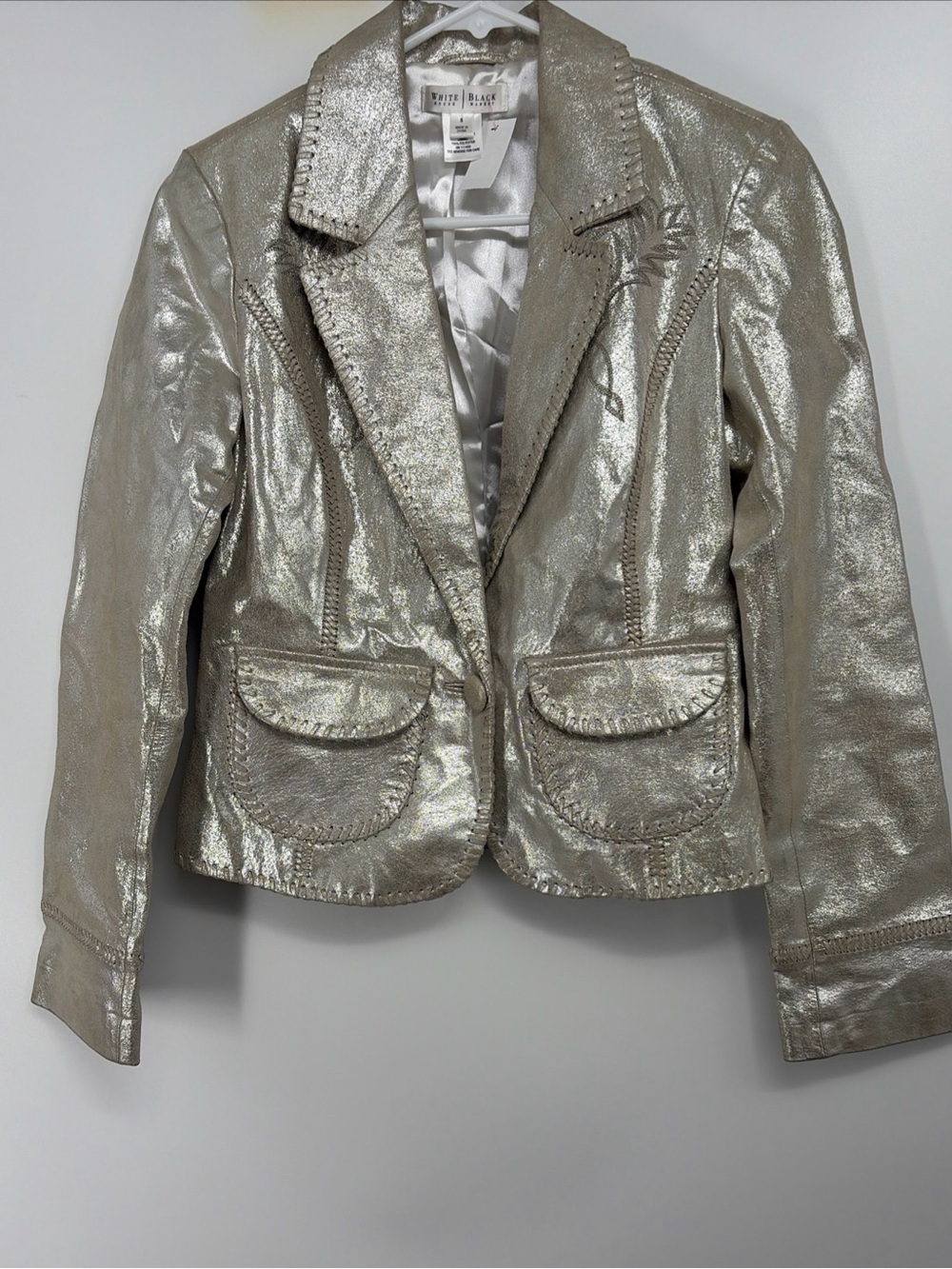 White House Black Market Silver Pearlized Soft Leather Jacket Moto Size 6